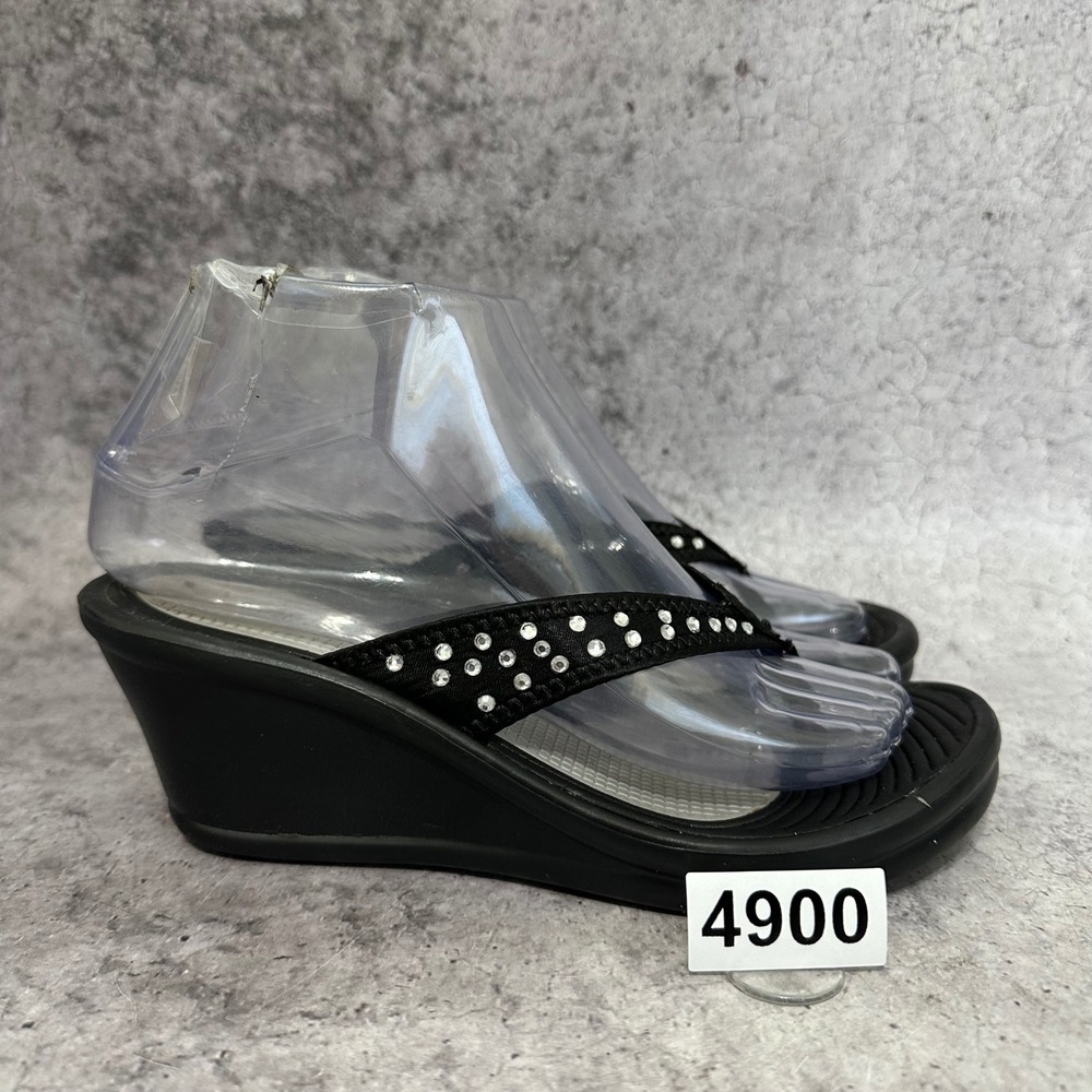Skechers Rumblers Wedge Sandals Women 6 Black Rhinestone Thong Flip Flops